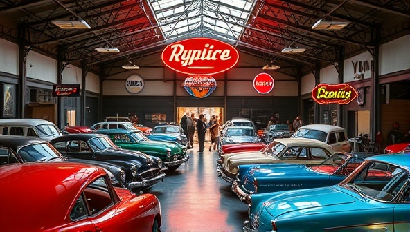 A captivating scene of a vintage car garage event space filled with classic cars, retro signage, and guests enjoying a themed gathering, capturing the essence of nostalgia, elegance, and automotive passion in a unique event setting.