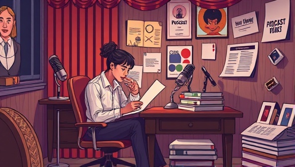 An imaginative illustration of a ghostwriter crafting a podcast script in a cozy writing nook, surrounded by vintage microphones, soundproofing panels, and a mood board of podcast themes, evoking a sense of creativity and storytelling magic.