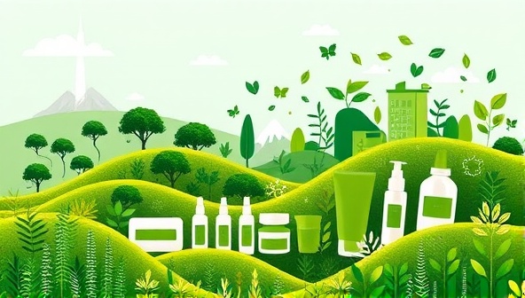 An artistic representation of nature conservation and sustainability, featuring a vibrant green landscape with eco-friendly products and sustainable symbols intertwined, symbolizing the harmony between sustainability and influencer marketing promoted by Ecofluence Media.
