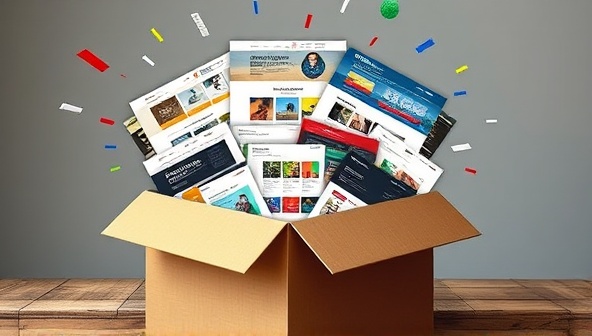 A box overflowing with colorful and diverse website templates, symbolizing the abundance and variety of design options available through DesignBox Subscriptions, enticing users to explore and create their ideal websites.
