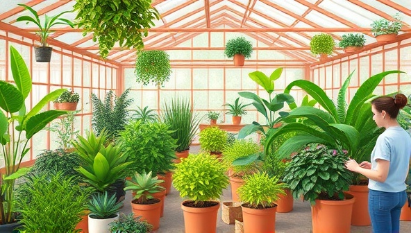 An engaging digital illustration of a virtual greenhouse filled with an array of lush plants, interactive plant care guides, and customers attending a virtual gardening workshop, creating a vibrant and educational online plant community.