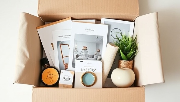 An assortment of interior design items and decor pieces elegantly arranged in a beautifully designed box, symbolizing the curated and stylish contents of the interior design subscription box service, ready to transform living spaces with creativity and flair.