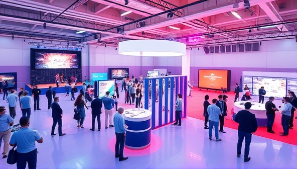 An artistic rendering of a virtual event space with digital avatars representing attendees interacting with virtual event elements, such as stages, booths, and networking areas, showcasing the versatility and creativity of EventVirtuoso's services.
