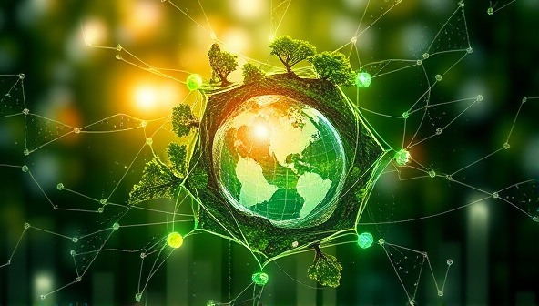 An artistic representation of nature intertwined with modern technology, symbolizing the harmonious blend of sustainability and innovation offered by EcoEcho Solutions in their brand marketing services.