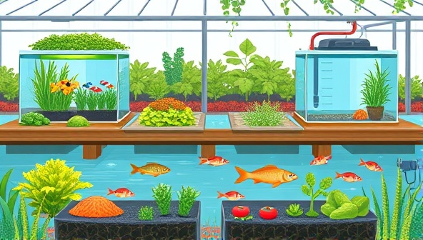 An illustration of a modern aquaponics farm setup with fish tanks integrated with vegetable grow beds, showcasing a sustainable farming ecosystem with clear water, lush greenery, and healthy fish, symbolizing harmony between aquaculture and agriculture.