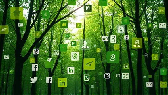 An artistic representation of a digital forest with green leaves made of digital icons like social media logos, representing the harmony between technology and nature in eco-friendly marketing.