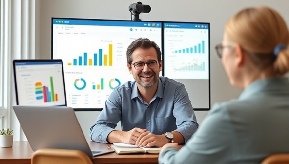 An online coaching session setup with a friendly financial coach interacting with a client via video call, displaying financial planning tools and charts in the background, creating a professional and supportive virtual coaching environment.