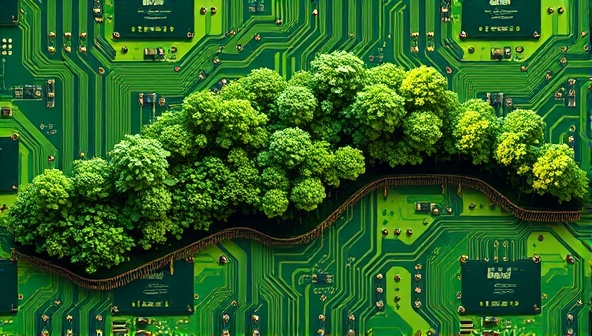 An artistic depiction of a circuit board morphing into a lush green landscape, symbolizing the transformation of e-waste into sustainable and environmentally friendly tech solutions, with a tagline 