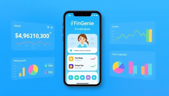 An elegant and modern mobile screen displaying the FinGenie app interface with a friendly AI assistant avatar providing financial advice, surrounded by colorful graphs and budgeting tools, illustrating smart money management.