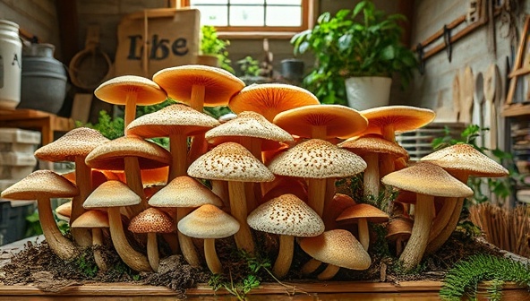 An enchanting display of various mushroom species growing in a sustainable workshop environment, surrounded by upcycled materials and eco-friendly cultivation tools, capturing the essence of MycoSustain Labs' commitment to sustainable mushroom farming.