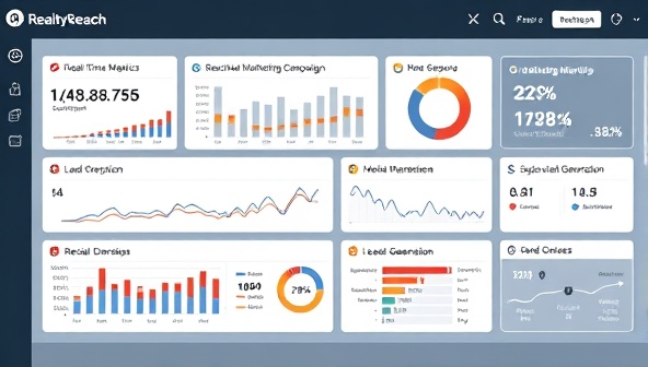 A digital marketing campaign dashboard displaying real-time performance metrics, social media engagement statistics, and lead generation data, showcasing the impact of RealtyReach's marketing strategies on real estate businesses.