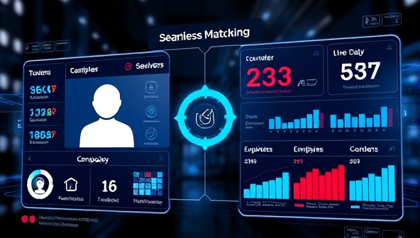 A futuristic digital interface displaying a seamless matchmaking process between job seekers and companies, with data visualizations showing successful talent placements and satisfied employers, symbolizing efficiency and innovation.