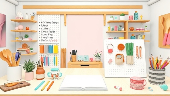 An artistic virtual crafting studio setup with a variety of craft supplies, tools, and completed DIY projects displayed, showcasing the platform's creative and hands-on crafting experience offered to users.