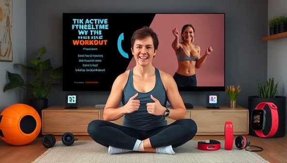 An energetic virtual fitness coach leading an online workout session, surrounded by digital fitness trackers, workout equipment, and motivational quotes, inspiring users to stay active and healthy from home.