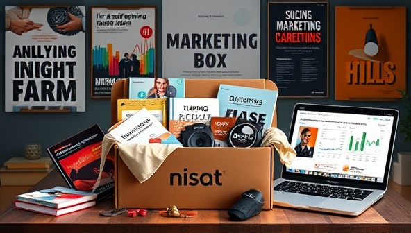 An elegantly designed subscription box filled with marketing-related items such as books, gadgets, and exclusive industry insights, surrounded by creative marketing campaign posters and a laptop displaying marketing analytics data, evoking a sense of inspiration and innovation in marketing professionals.