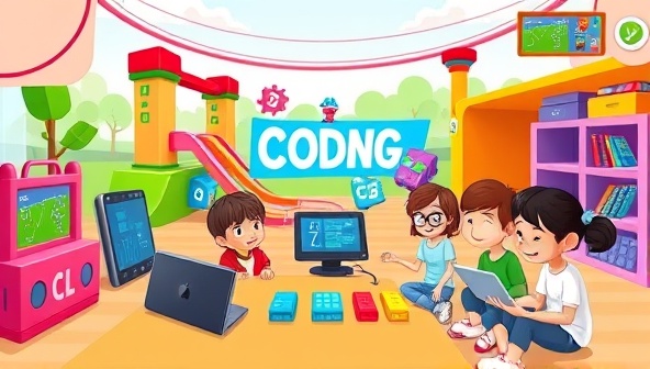 A colorful virtual coding playground with animated characters, coding blocks, and a group of enthusiastic kids collaborating on a coding project, illustrating a vibrant and engaging coding learning environment for young learners.