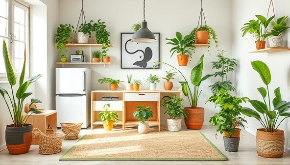 An eco-living room setup with sustainable home decor, energy-efficient appliances, indoor plants, and eco-friendly products, creating a harmonious and green living space that promotes sustainability and environmental consciousness.