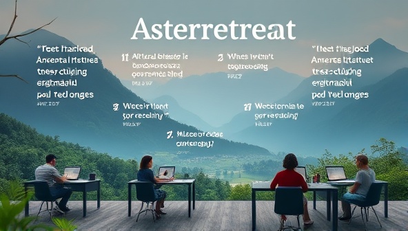 An artistic representation of a virtual writing retreat setting, featuring a serene digital landscape with virtual writing desks, inspirational quotes, and collaborative brainstorming sessions among diverse participants, fostering a creative and supportive environment.