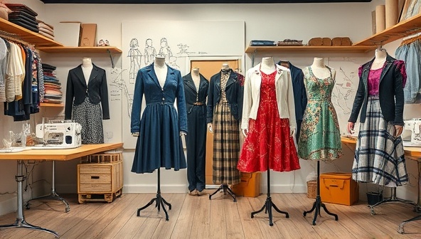 An artistic image featuring a diverse collection of upcycled fashion pieces like dresses, jackets, and accessories creatively transformed from pre-loved textiles, displayed in a stylish studio setting with sewing machines, fabric swatches, and design sketches, embodying the essence of sustainable fashion innovation and individual style expression through upcycling.