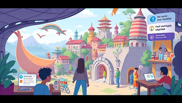 An illustrative scene of a user exploring a virtual world filled with language challenges and cultural interactions, practicing vocabulary and conversational skills with colorful characters and interactive scenarios, capturing the immersive and educational nature of the gamified language learning platform.