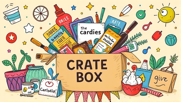 A colorful and whimsical illustration of a subscription box overflowing with niche items and goodies, surrounded by thematic elements and symbols representing the unique and personalized contents of the quirky crate club box.
