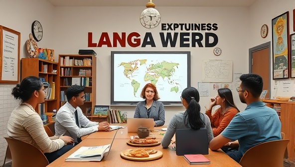 An engaging virtual language classroom environment with students from around the world interacting with a language instructor, cultural artifacts, and language learning materials, showcasing the immersive and diverse language learning experience provided by Lingo Journey.