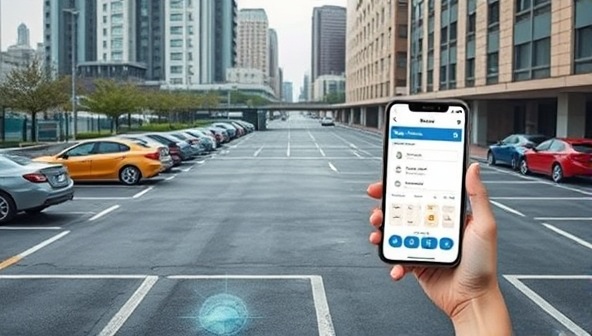 An urban parking lot transformed with smart sensors embedded in parking spots, a mobile app interface displaying real-time availability, and drivers seamlessly finding parking spots with the help of the innovative system, illustrating efficiency and convenience.