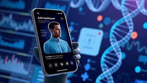 A sleek mobile app interface showing a user interacting with a virtual AI assistant to create a personalized healthcare plan, with medical charts and DNA helix graphics in the background, symbolizing customization and advanced technology.