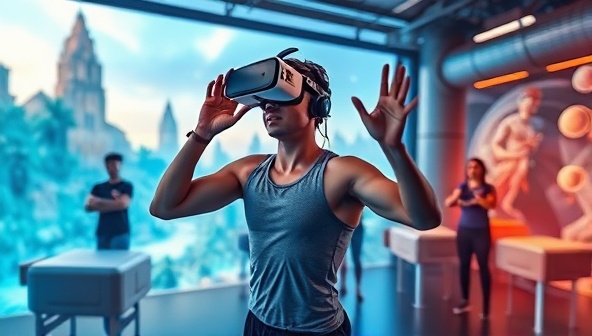 A dynamic image showcasing a user immersed in a virtual reality fitness class, surrounded by futuristic digital landscapes and engaging workout challenges, capturing the essence of VRFitZone's innovative approach to fitness and technology.