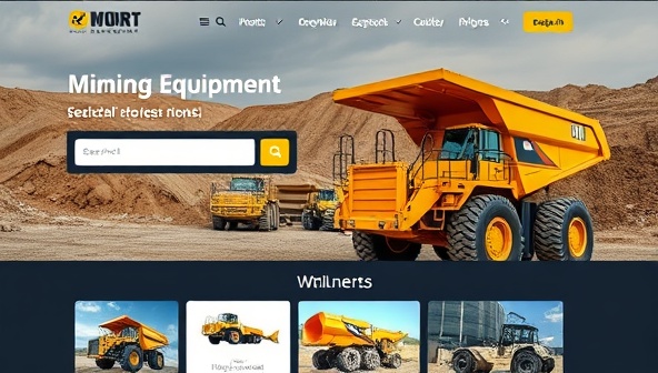 An engaging website homepage showcasing a variety of mining equipment available for rent, with user-friendly search filters and vibrant images to attract users.