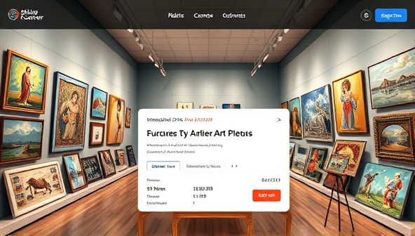 An artistic depiction of a virtual art gallery showcasing diverse artworks on display, with interactive bidding features and real-time auction updates, creating a visually appealing and immersive online art auction experience for art collectors and enthusiasts.