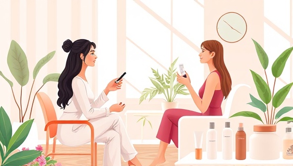 An artistic digital illustration featuring a serene beauty consultation setting with a licensed esthetician providing skincare advice and product recommendations to a client, surrounded by natural botanicals and beauty products, symbolizing the personalized and holistic skincare experience offered by the online platform.