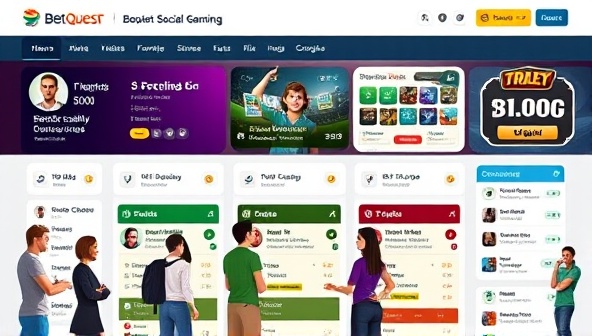 An engaging social gaming platform interface showcasing user profiles, interactive challenges, and vibrant community discussions, with avatars representing users engaging in friendly competition and betting activities, capturing the dynamic and social nature of BetQuest Social Gaming.