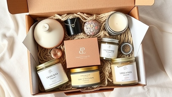 An elegantly designed subscription box filled with handcrafted pottery, artisanal candles, intricate jewelry, and botanical soaps, arranged in a visually appealing flat lay presentation, exuding luxury and creativity.