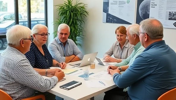 A group of senior consumers engaged in a marketing consultation session with the SilverSage Marketing team, discussing branding strategies and campaign ideas tailored to their preferences and interests.