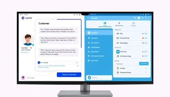 A digital screen split in half showing a customer interacting with a chatbot on one side and a business owner managing chatbot settings on the other side, highlighting the seamless communication and automation provided by BotGenie Solutions.