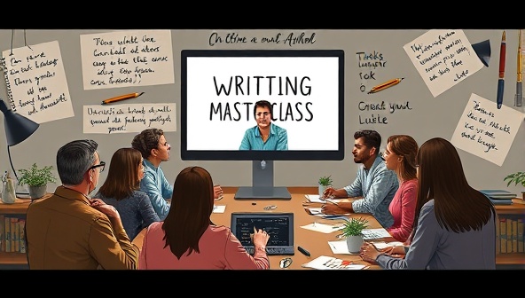 An artistic depiction of a virtual writing masterclass session, with a diverse group of participants engaged in a live webinar with a renowned author, surrounded by digital notepads, writing tools, and inspirational quotes, fostering a collaborative and educational writing environment.