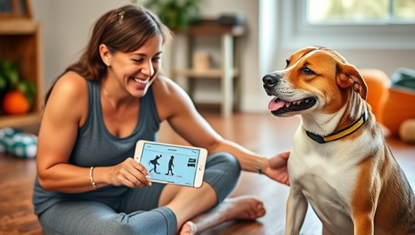 A heartwarming scene of a pet owner and their dog engaging in a workout session together, following the exercises displayed on the PawFit Connection app, with smiles on their faces, surrounded by pet-friendly fitness gear and treats, fostering a sense of companionship and healthy bonding through fitness activities.
