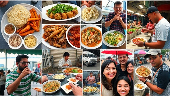 An enticing collage of diverse local dishes, street food vendors, and enthusiastic tour participants savoring different culinary delights, capturing the essence of exploration and community through food experiences.