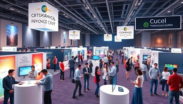 An engaging visualization of a virtual event space filled with interactive elements, virtual booths, and animated avatars engaging in virtual networking and activities, creating a vibrant and dynamic virtual event atmosphere.