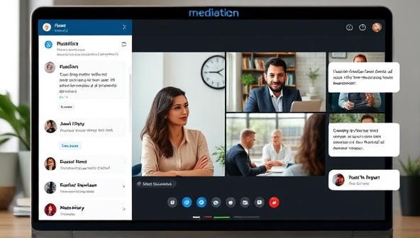 An interactive online mediation session featuring parties in conflict engaging with a mediator through video conferencing, with chat features for confidential communications and a virtual resolution board, illustrating the convenience and effectiveness of online dispute resolution.