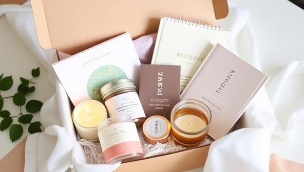 An elegantly designed subscription box filled with soothing candles, herbal teas, relaxation journals, and mindfulness activities, exuding a sense of tranquility and self-care indulgence, inviting customers to prioritize their well-being.