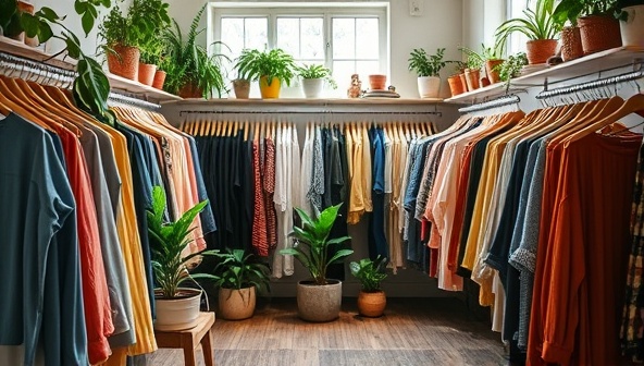 A vibrant and trendy pop-up store interior filled with racks of stylish second-hand clothing, potted plants, and eco-friendly decor elements, creating a chic and sustainable shopping experience.
