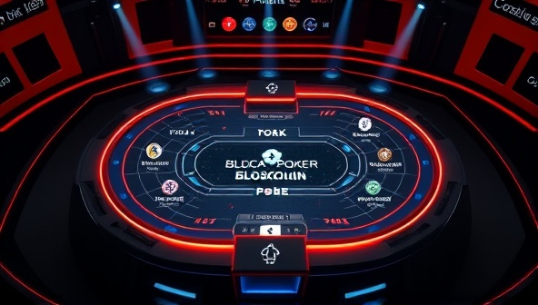 A futuristic poker table interface on a digital screen, displaying blockchain encryption symbols and transparent gameplay mechanics, illustrating the secure and decentralized nature of BlockPoker Arena for poker enthusiasts to enjoy fair and rewarding online tournaments.