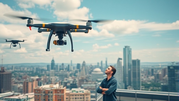 An aerial view of a cityscape with a drone flying overhead, delivering a package of food to a rooftop terrace where a customer eagerly awaits, showcasing the futuristic and eco-friendly concept of drone food delivery by EcoDrone Eats.