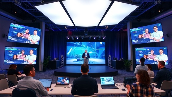 An innovative virtual event setup with multiple screens displaying interactive activities, a digital stage backdrop, and attendees engaging in virtual networking, illustrating the dynamic and immersive nature of virtual events facilitated by EventEase.