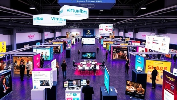 A dynamic visual representation of a virtual event space filled with interactive booths, networking lounges, and engaging activities, showcasing the versatility and excitement of VirtualVibe's event planning platform.