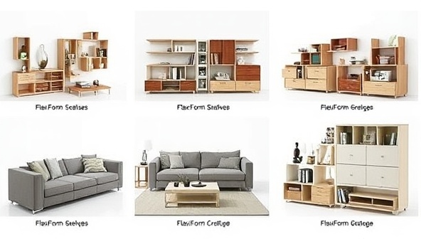 An assortment of modular furniture pieces from FlexiForm Creations, including interchangeable shelves, modular seating arrangements, and multifunctional storage units, displayed in a contemporary living room setting with clean lines and modern decor, showcasing the modular and versatile nature of the designs.