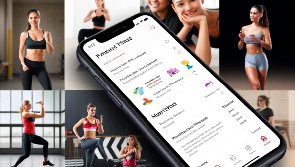 A smartphone screen displaying a sleek fitness app interface with personalized workout recommendations and nutritional tips, surrounded by images of active individuals engaging in various exercises, conveying a sense of personalization and motivation.