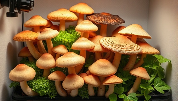 An enticing image of a variety of gourmet mushrooms growing in a compact, neatly arranged indoor setup, highlighting the natural beauty and culinary potential of homegrown mushrooms in a kitchen environment.